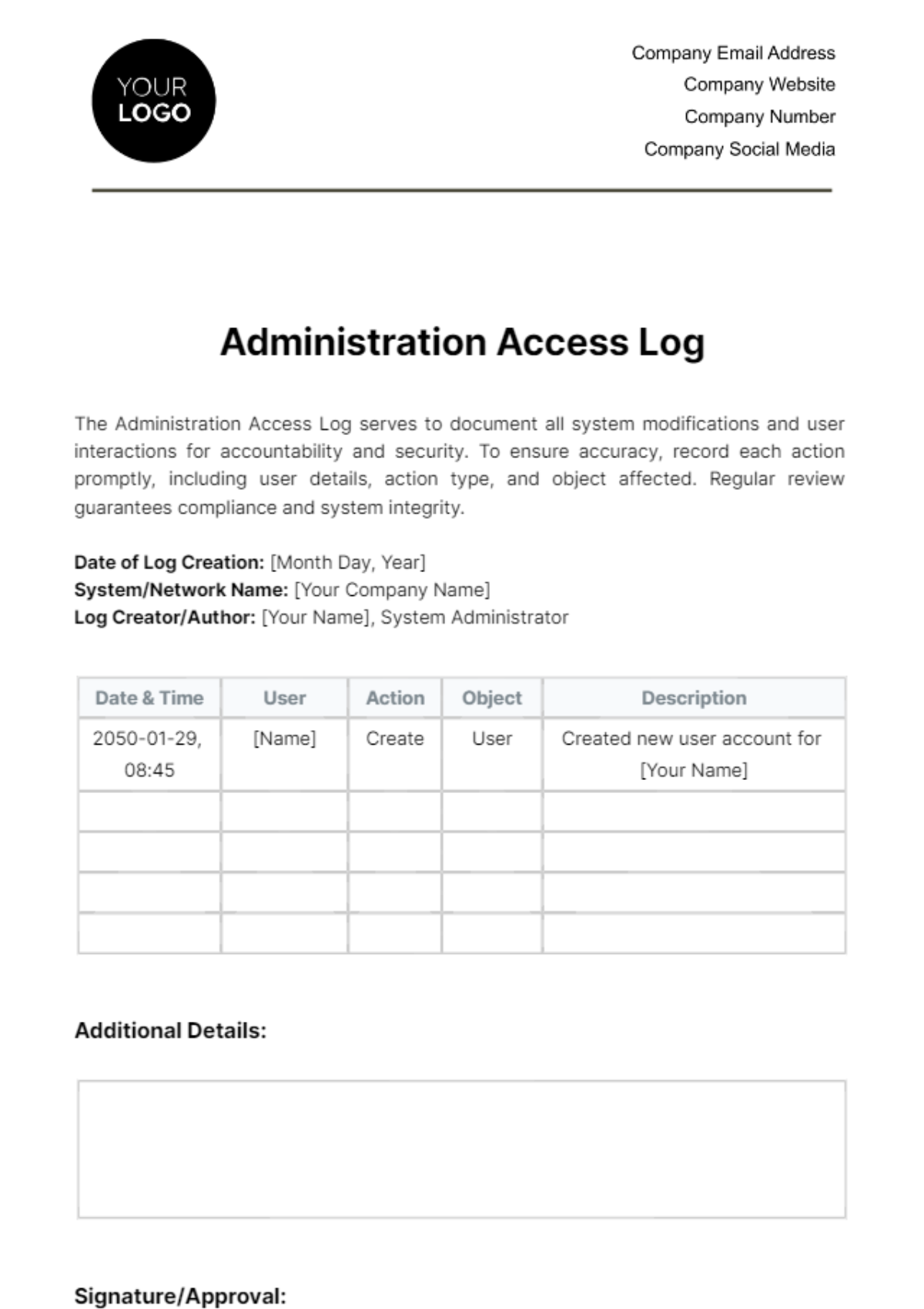 Free Administration Access Log Template