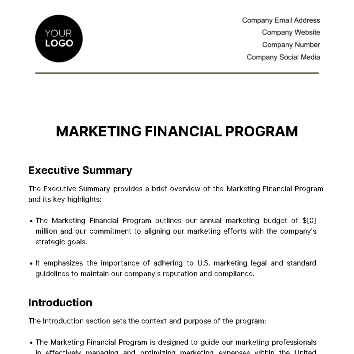 Free Marketing Financial Program Template