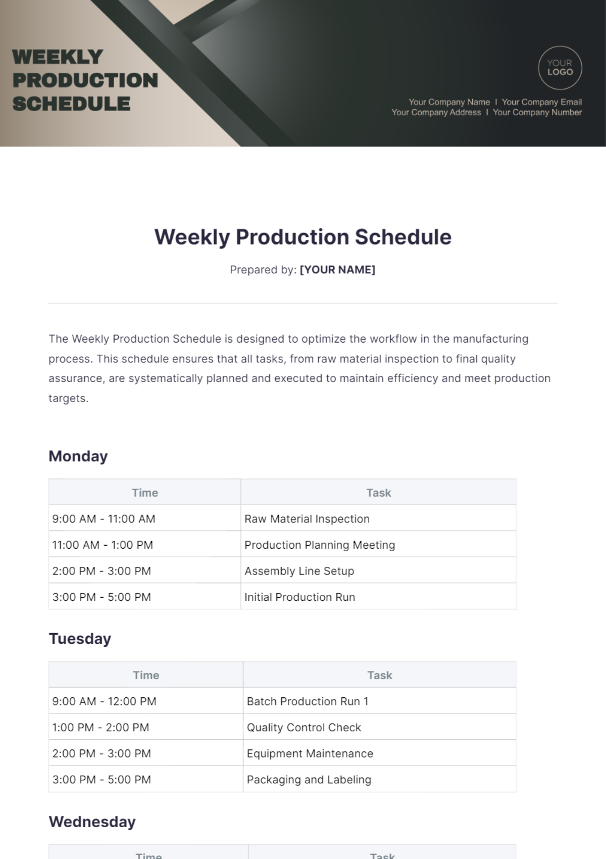 Weekly Production Schedule Template - Edit Online & Download