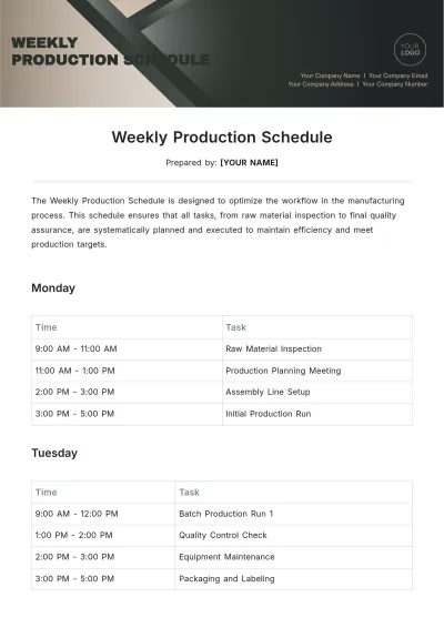 Free Weekly Production Schedule Template to Edit Online
