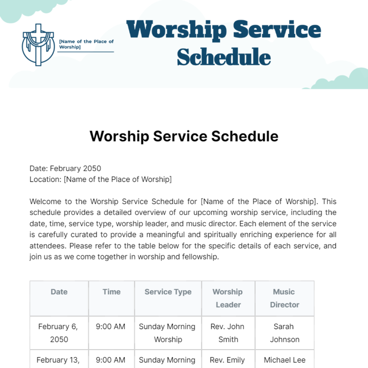 Worship Service Schedule Template