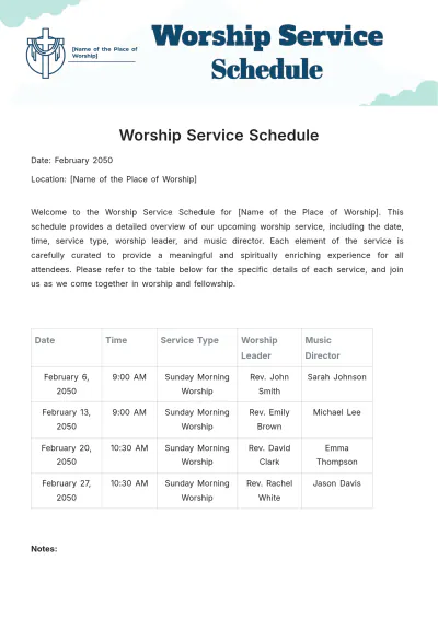 Free Worship Service Schedule Template to Edit Online