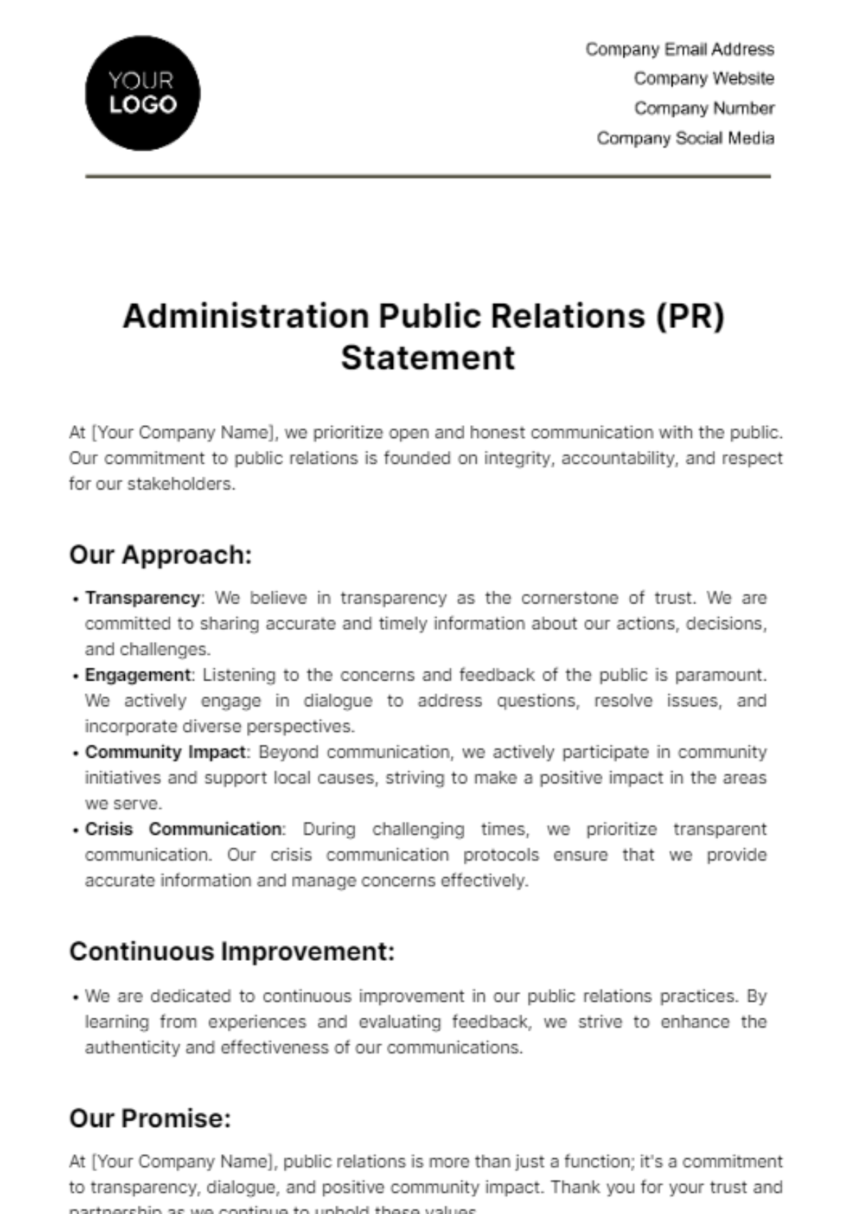 Free Administration Public Relations (PR) Statement Template