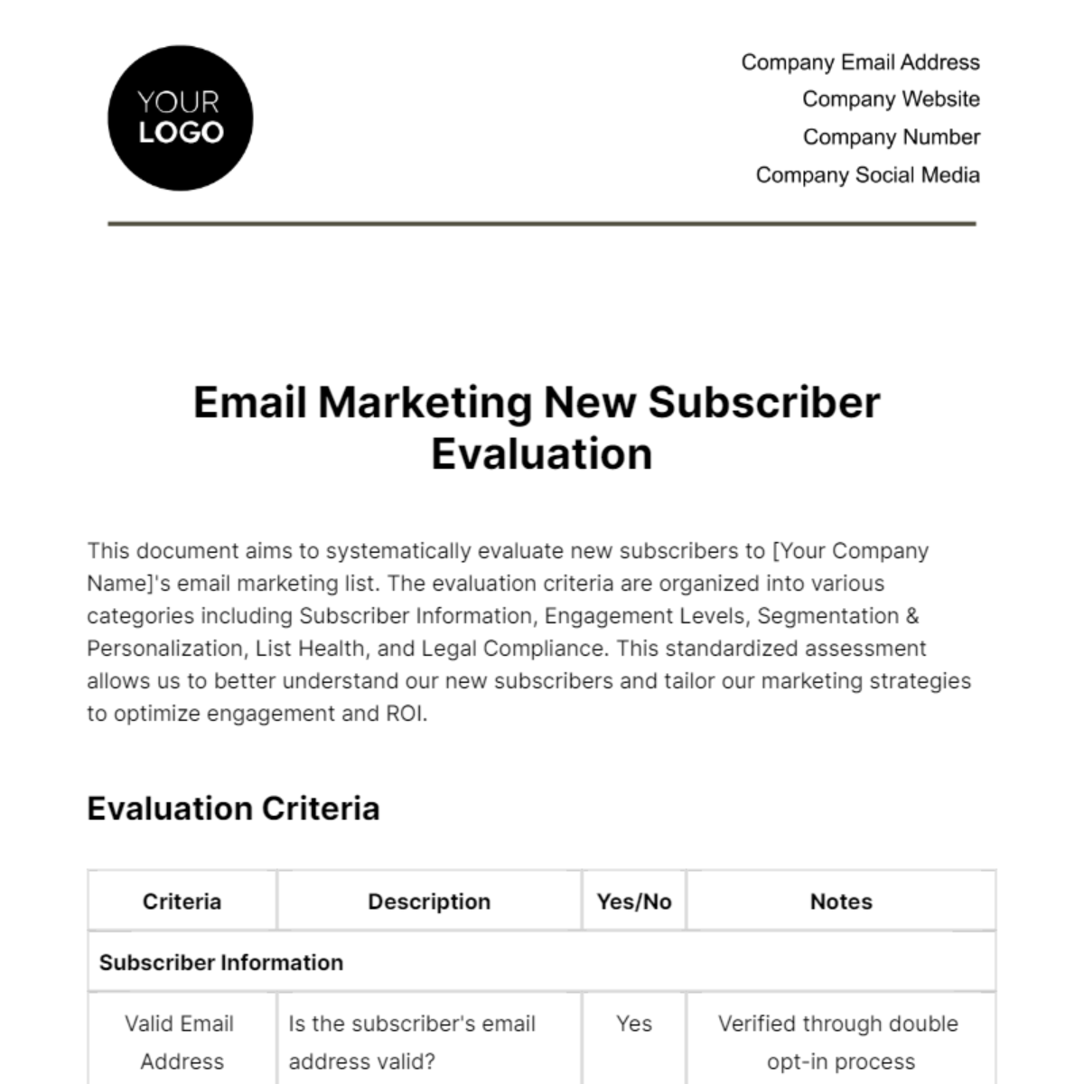 Free Email Marketing New Subscriber Evaluation Template