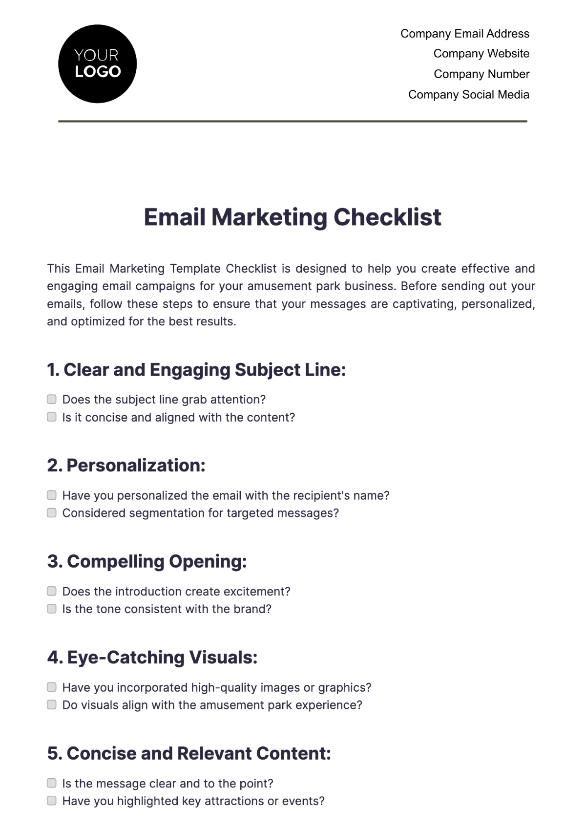 Email Marketing Template Checklist Template - Edit Online & Download