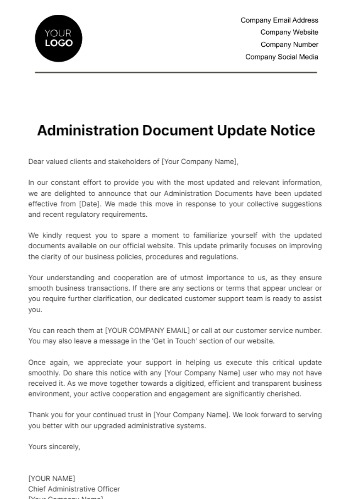 Free Administration Document Update Notice Template