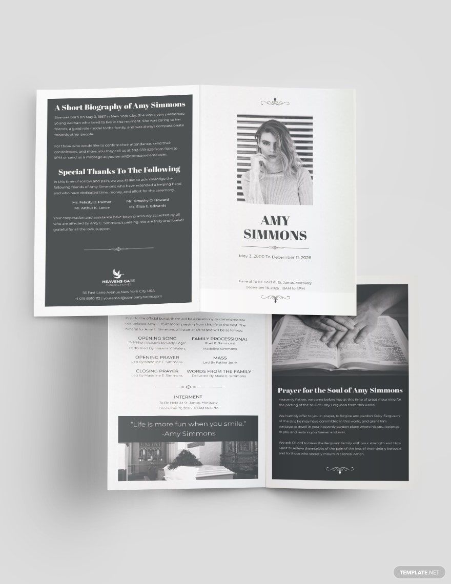 Plan Funeral Program Bi-Fold Brochure Template in Word, Google Docs, Illustrator, PSD, Apple Pages, Publisher