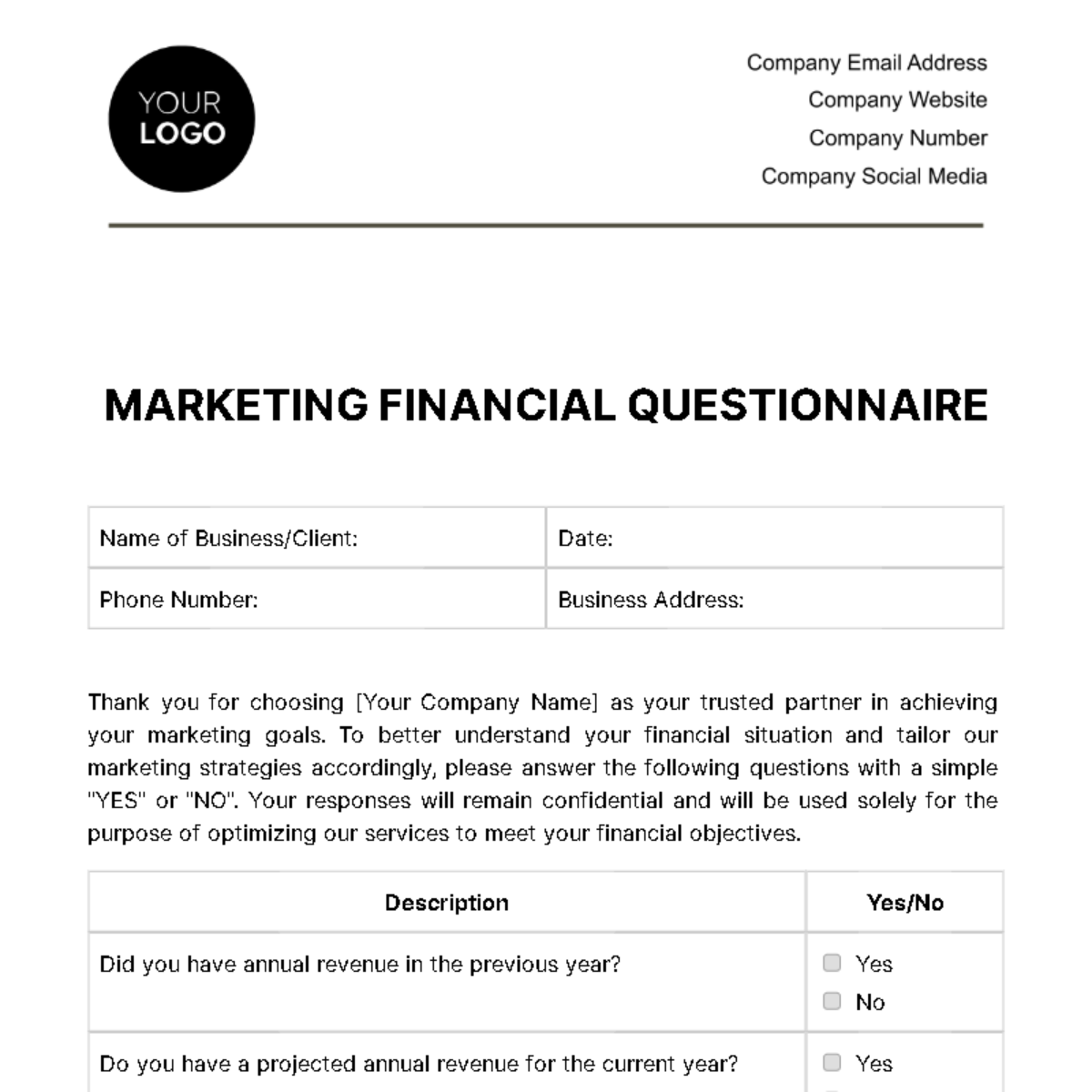 Free Marketing Financial Questionnaire Template