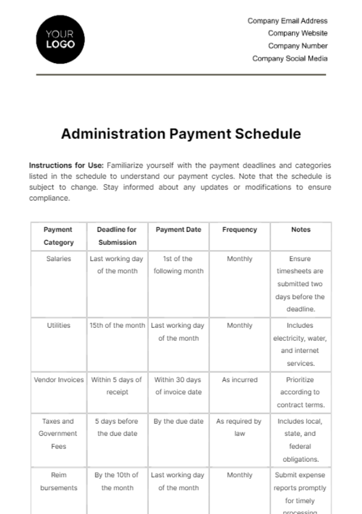 Free Administration Payment Schedule Template