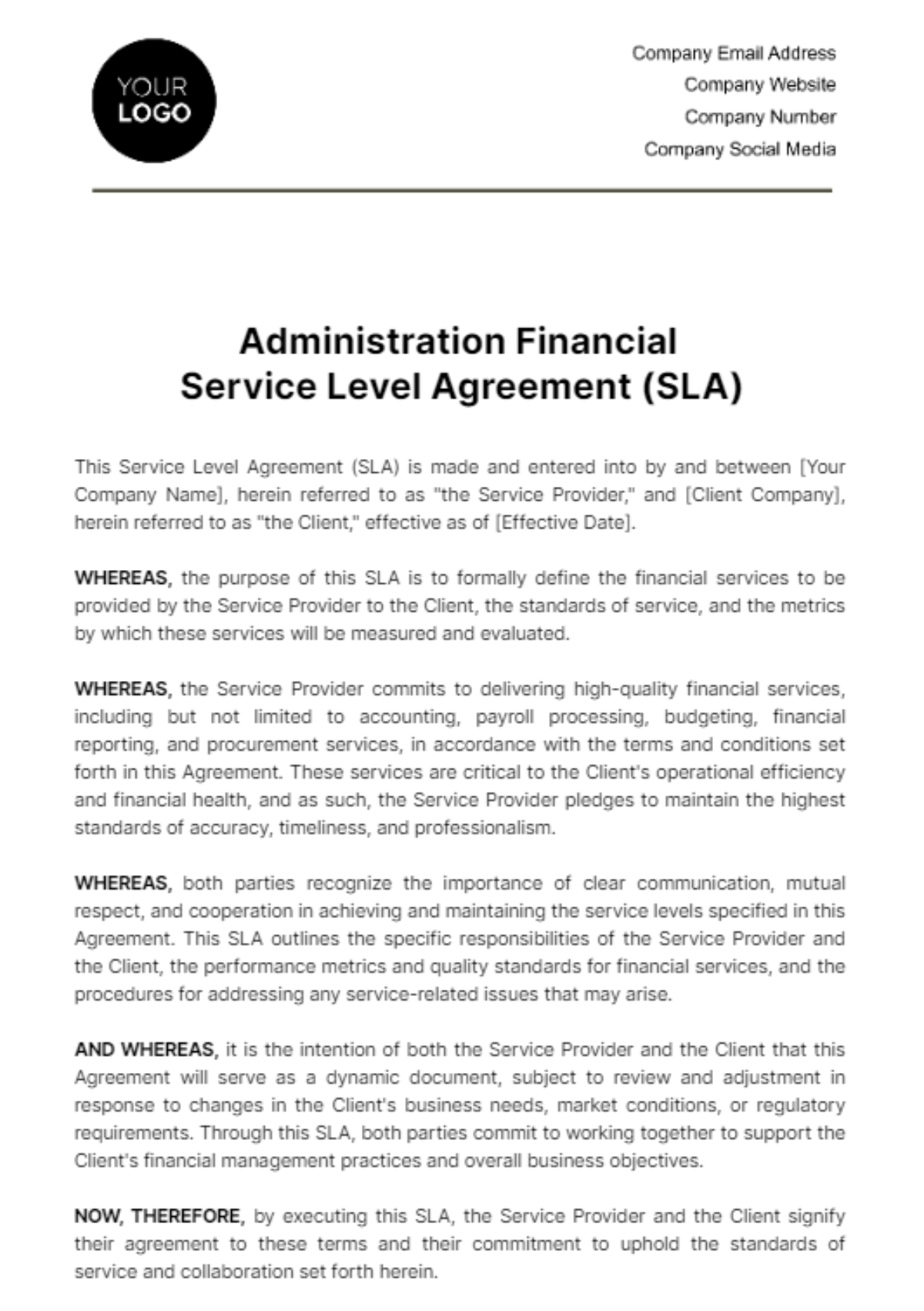 Administration Financial SLA Template
