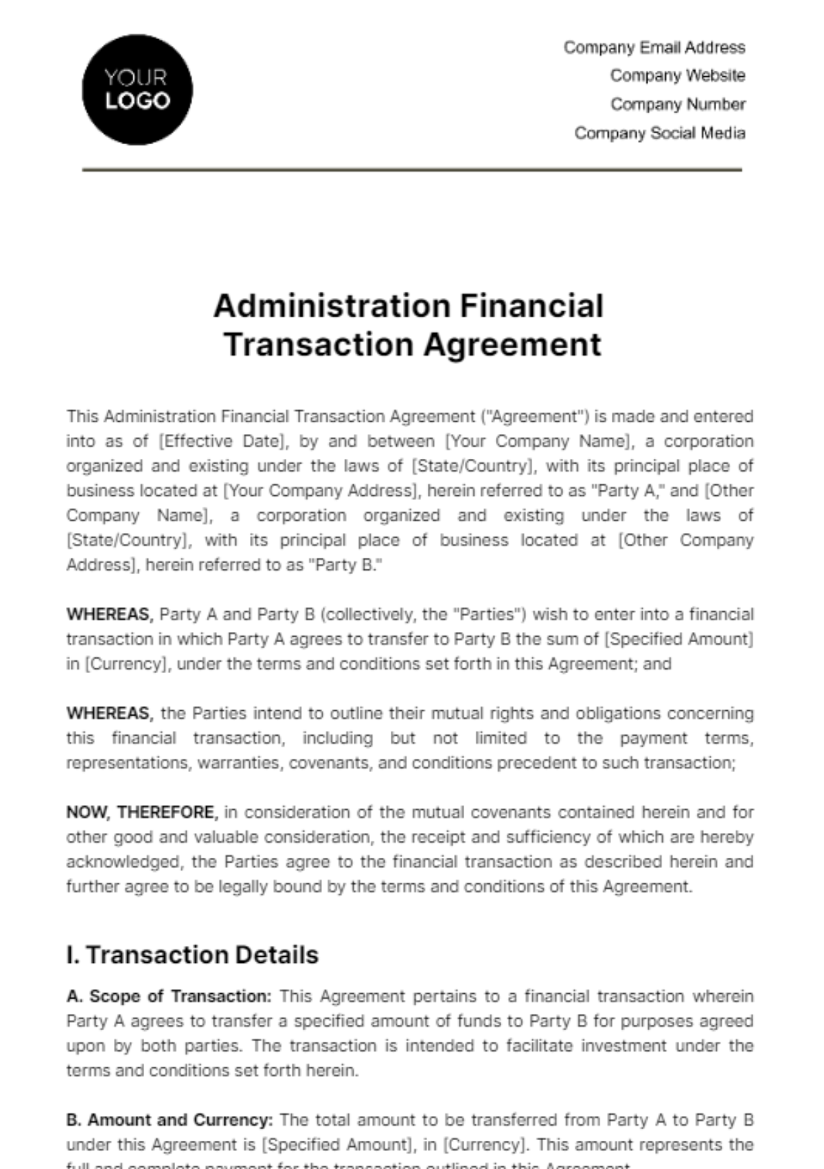 Administration Financial Transaction Agreement Template