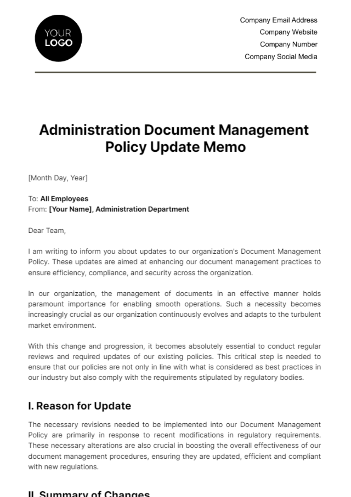 Administration Document Management Policy Update Memo Template