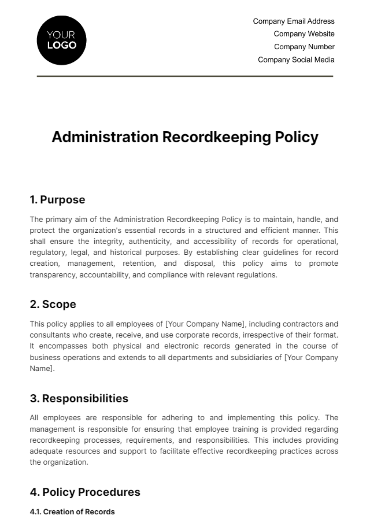 Free Administration Recordkeeping Policy Template