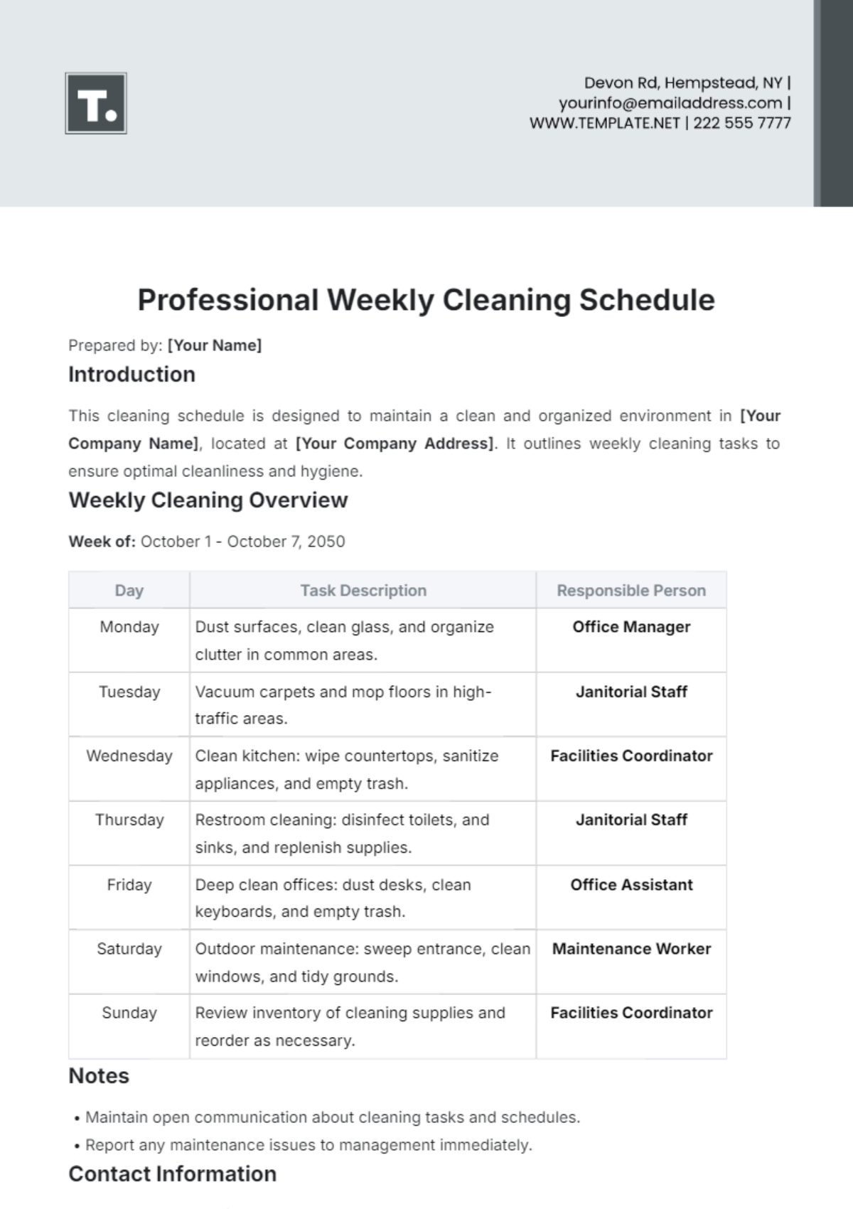 Professional Weekly Cleaning Schedule Template - Edit Online & Download