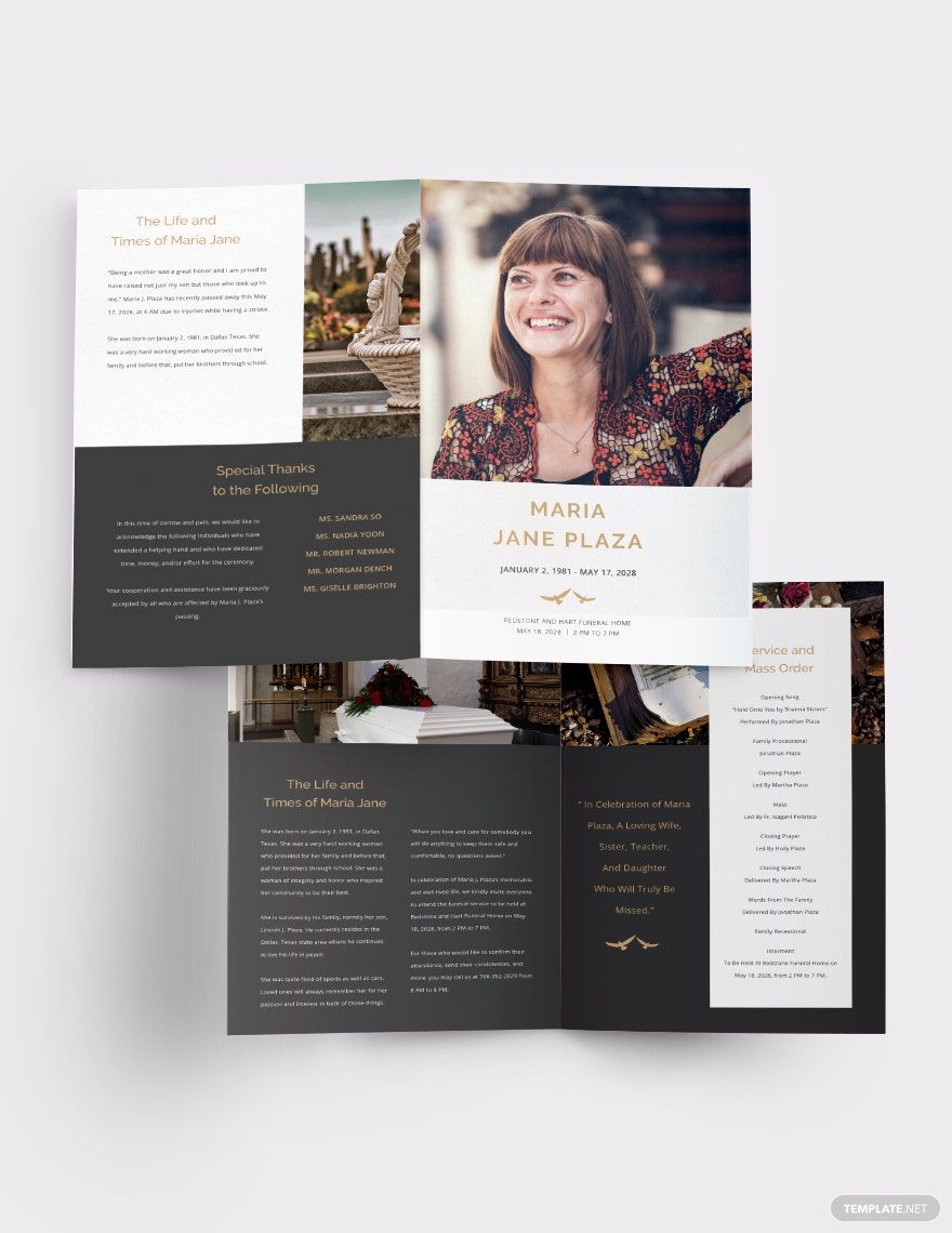 Printable Acknowledgment Funeral Bi-Fold Brochure Template in Word, Google Docs, Illustrator, PSD, Apple Pages, Publisher