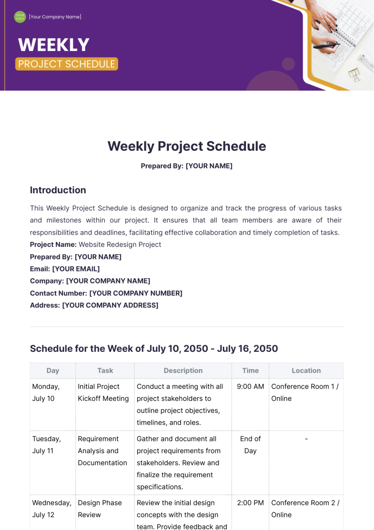 Weekly Project Schedule Template - Edit Online & Download