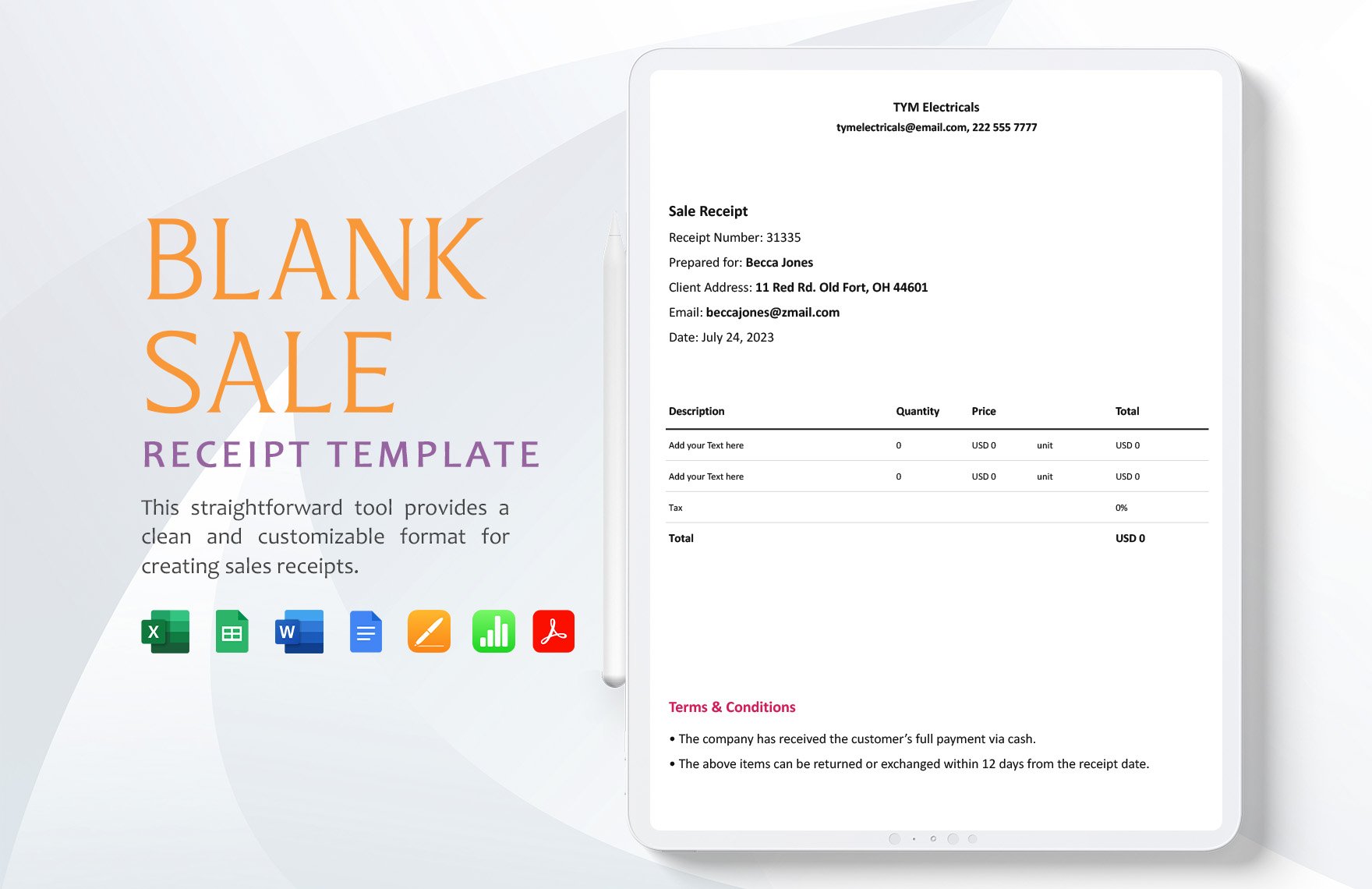Blank Sale Receipt Template in Word, Google Docs, Excel, PDF, Google Sheets, Apple Pages, Apple Numbers
