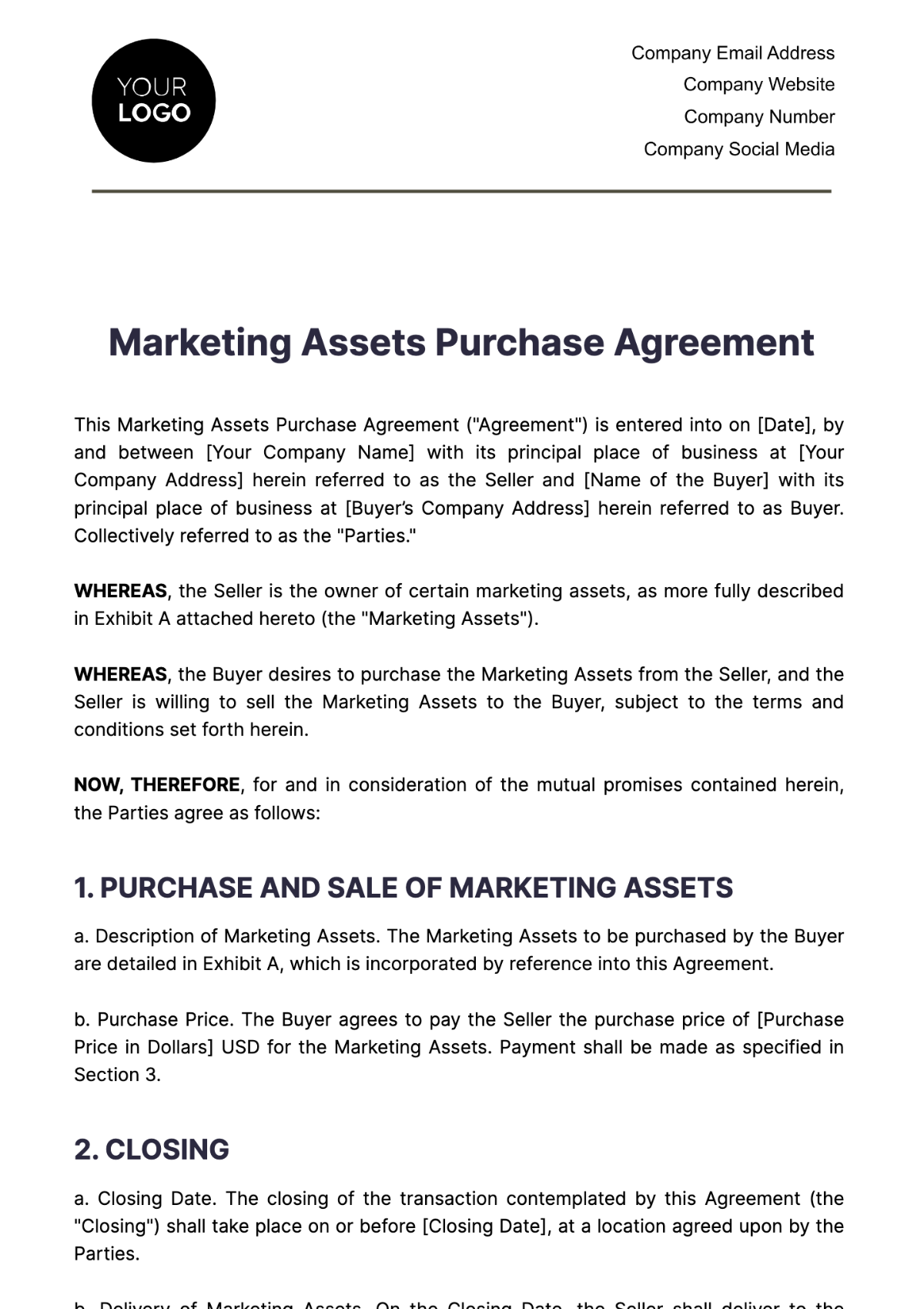 Marketing Assets Purchase Agreement Template - Edit Online & Download