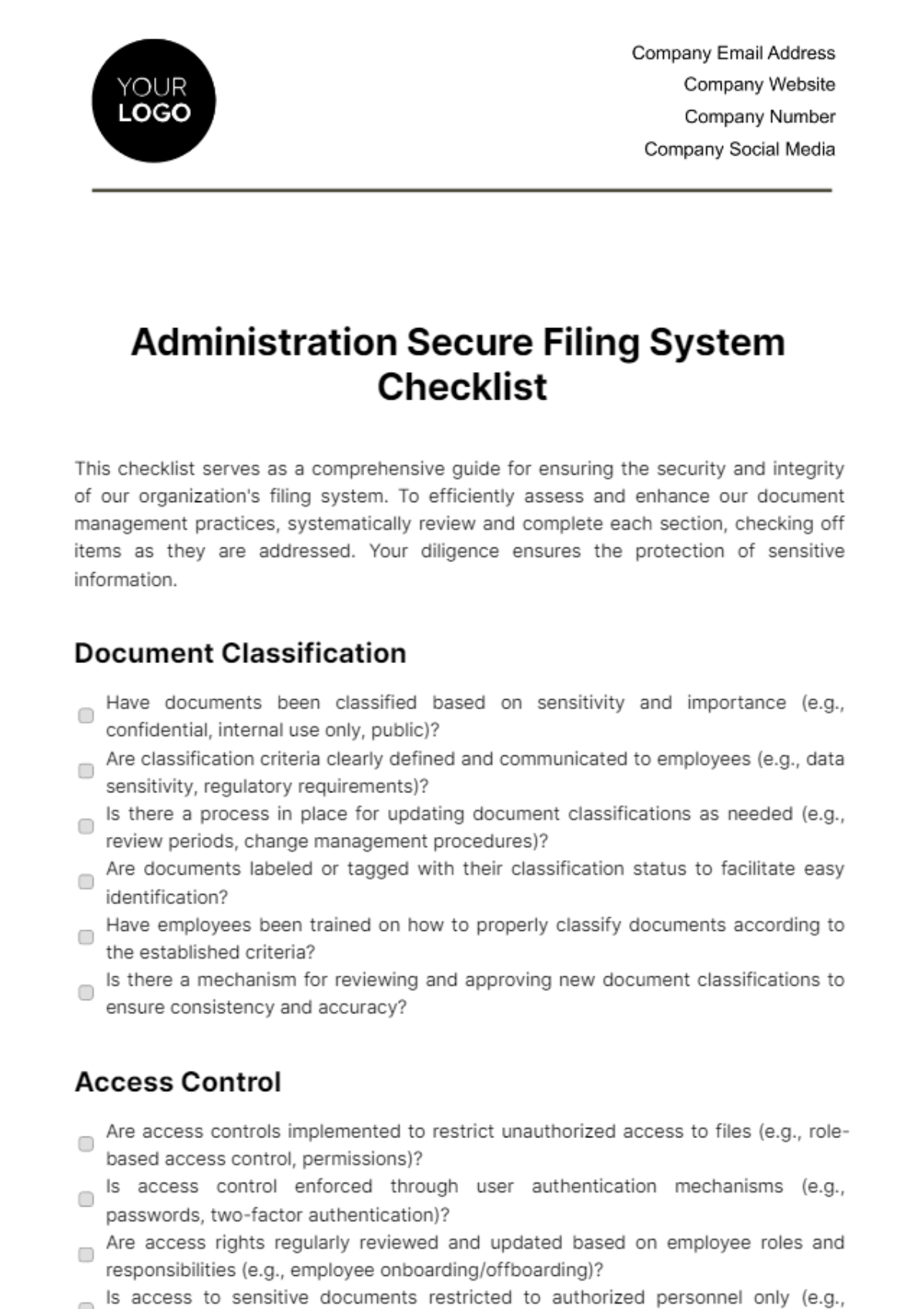 Administration Secure Filing System Checklist Template