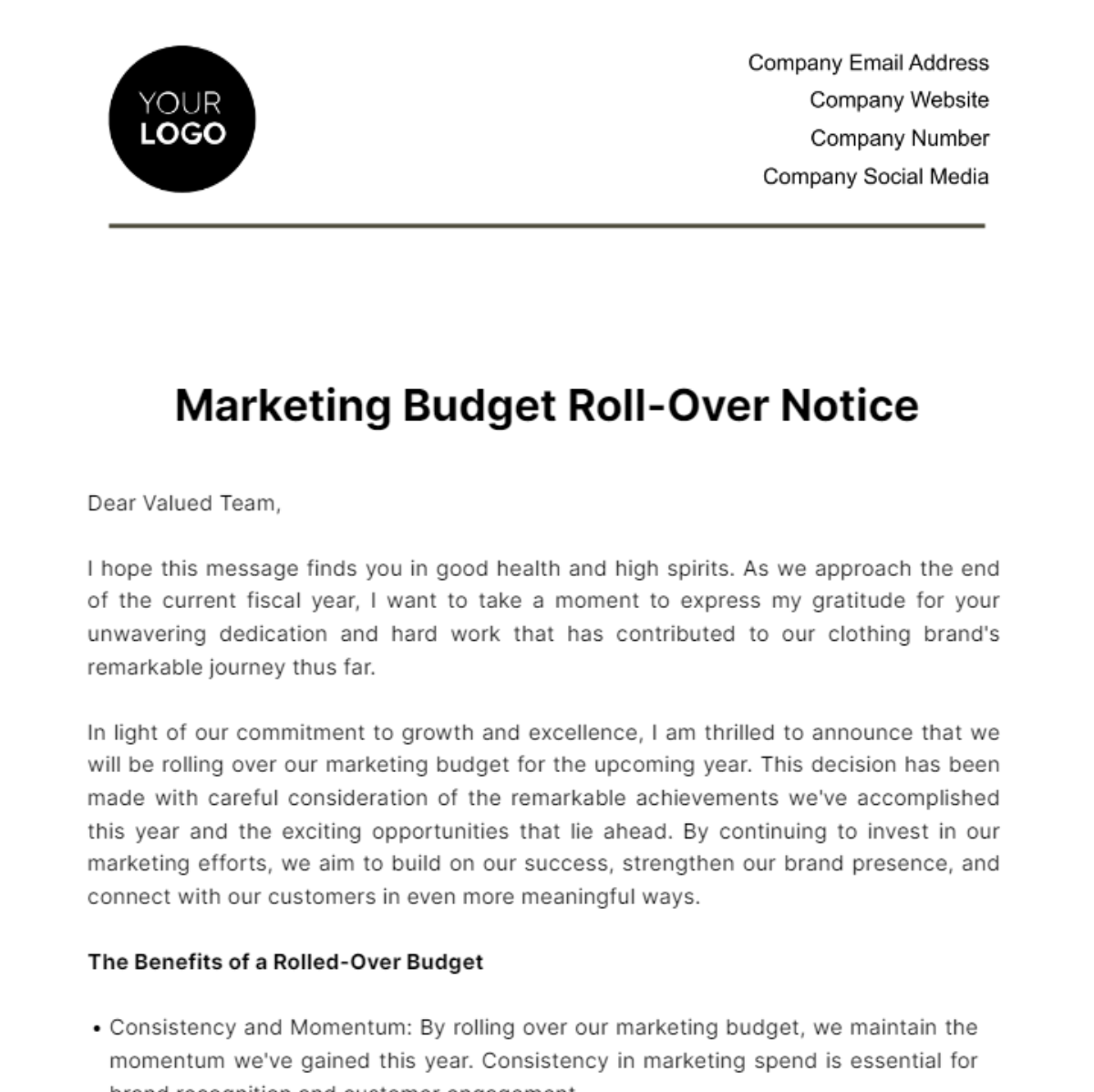 Marketing Budget Roll-over Notice Template