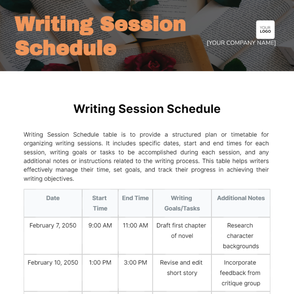 Writing Session Schedule Template