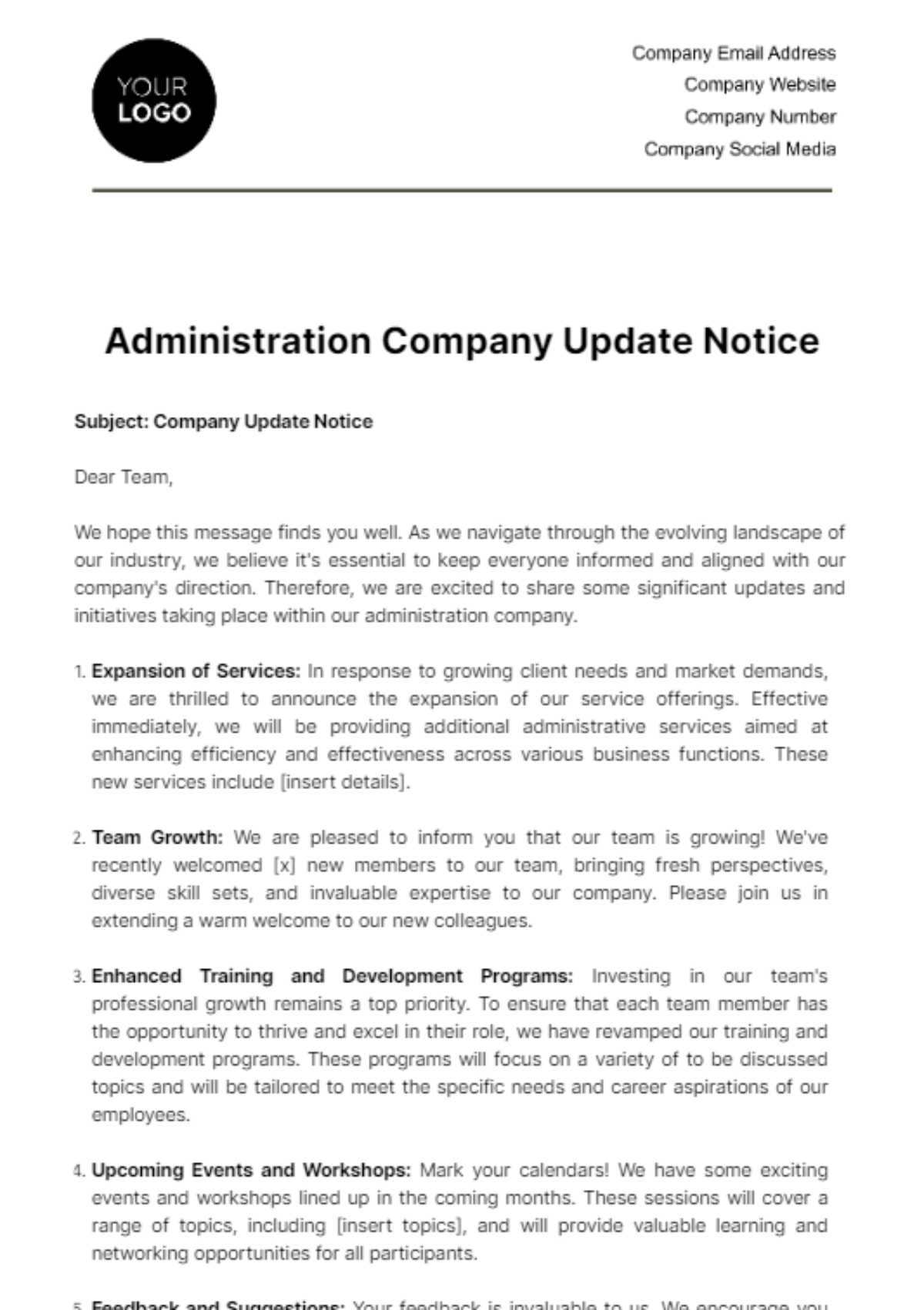 Free Administration Company Update Notice Template