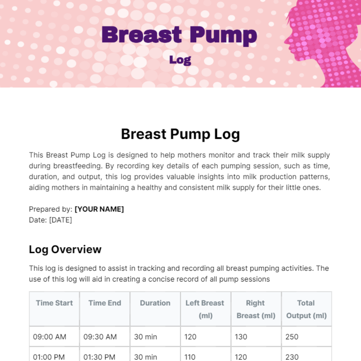 Breast Pump Log Template