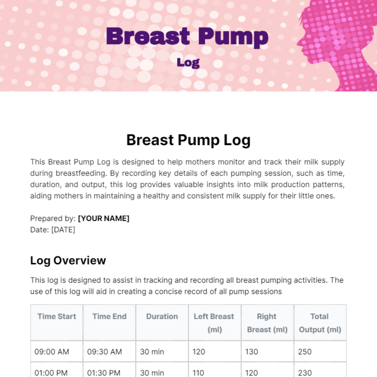 Breast Pump Log Template - Edit Online & Download