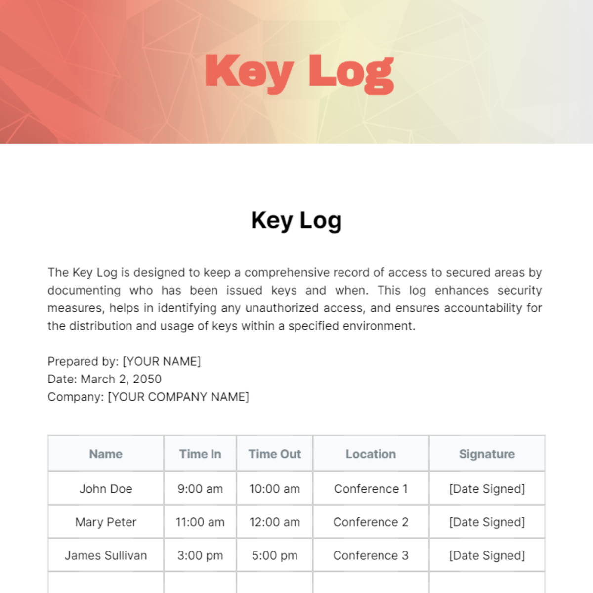 Key Log Template