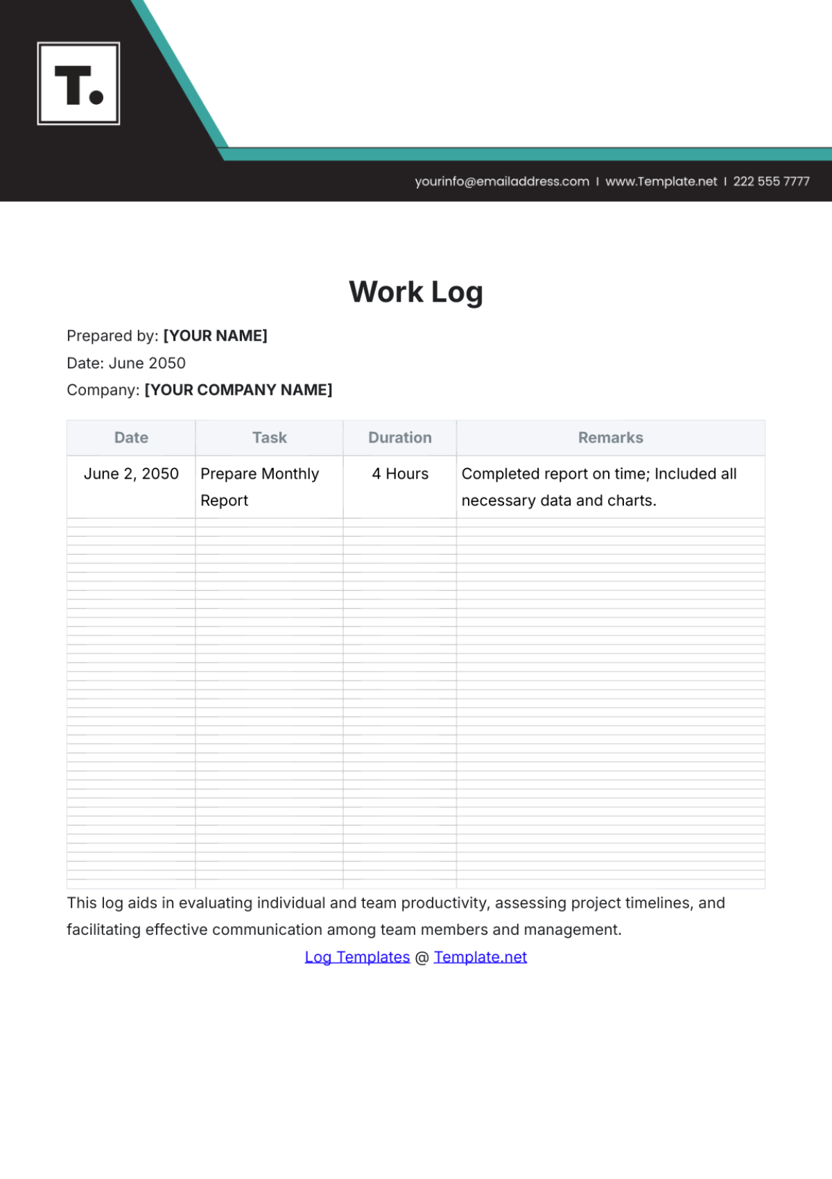 Professional Work Log Template - Edit Online & Download