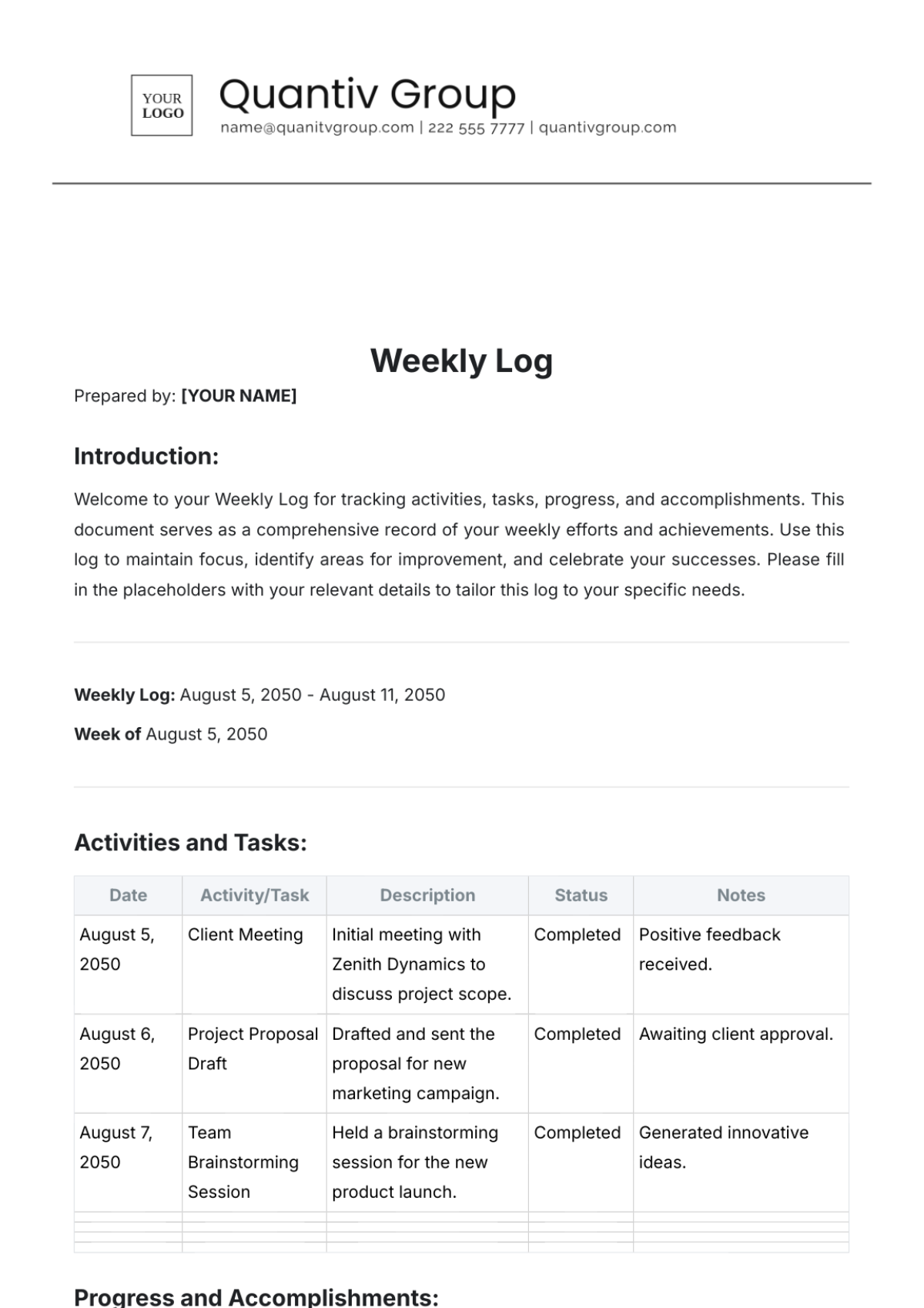 Weekly Log Outline Template - Edit Online & Download