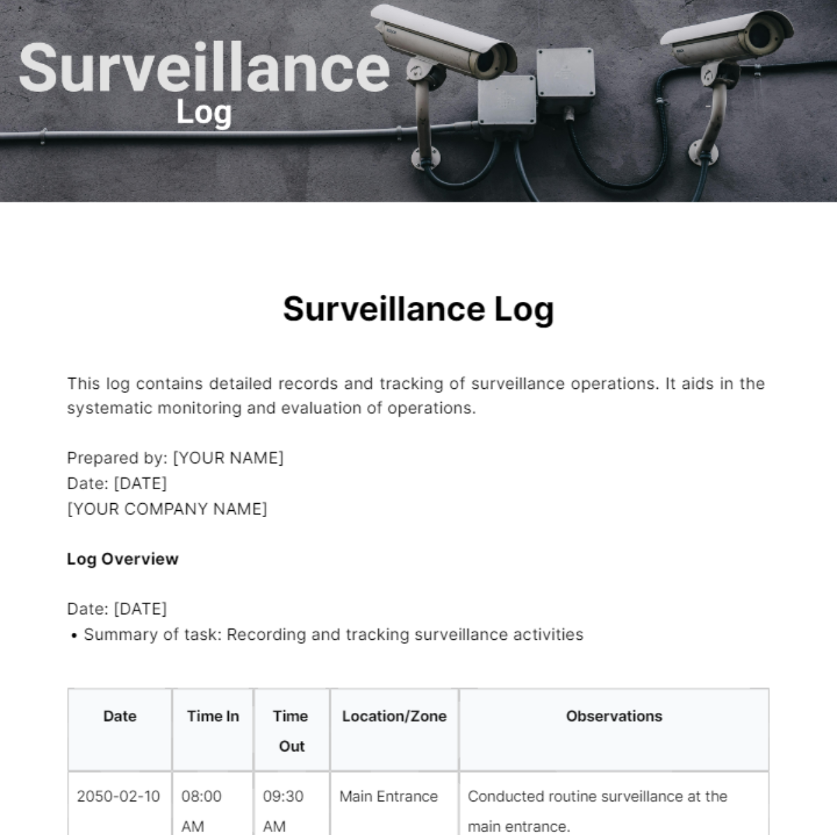 Surveillance Log Template