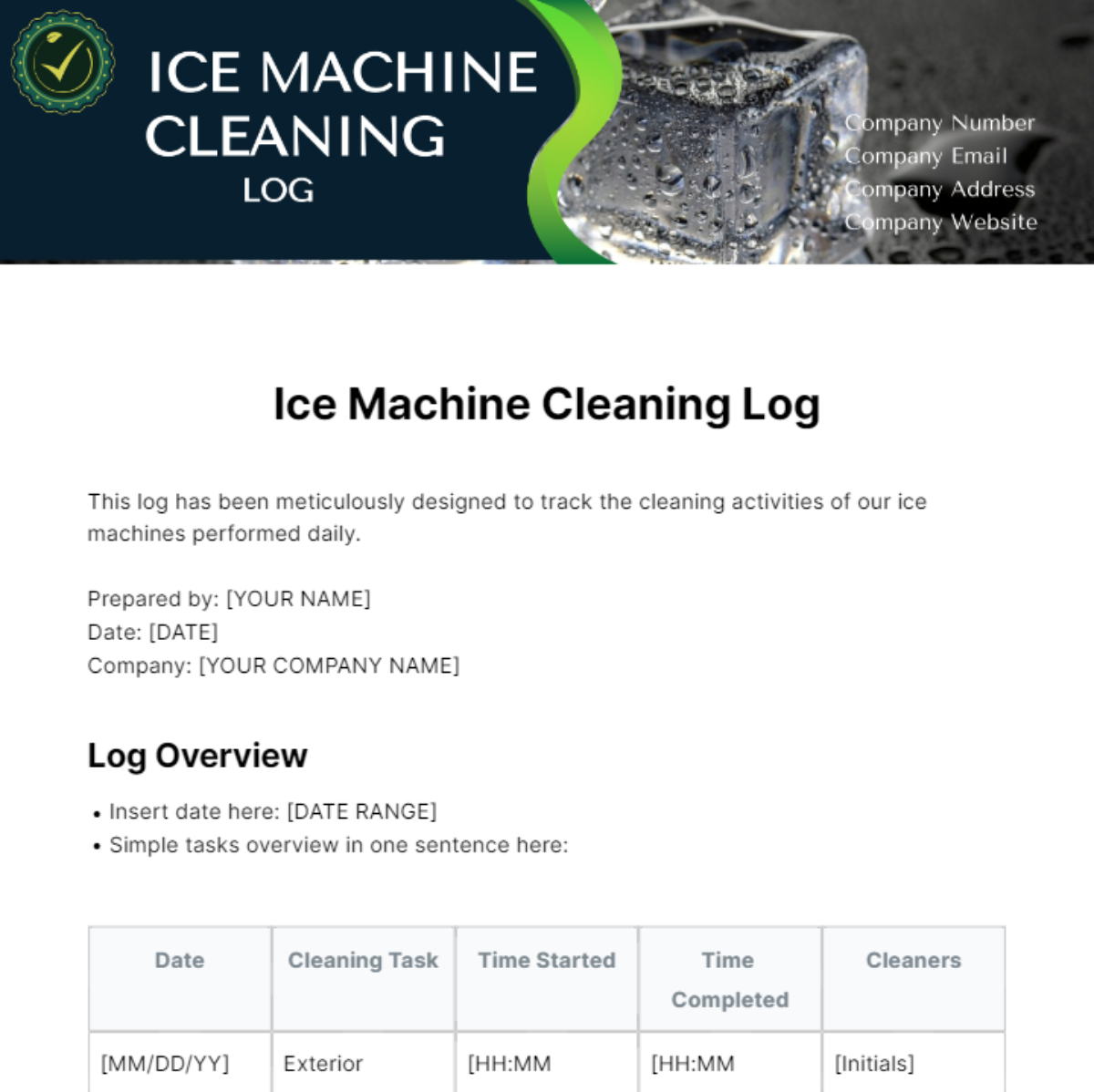 Ice Machine Cleaning Log Template