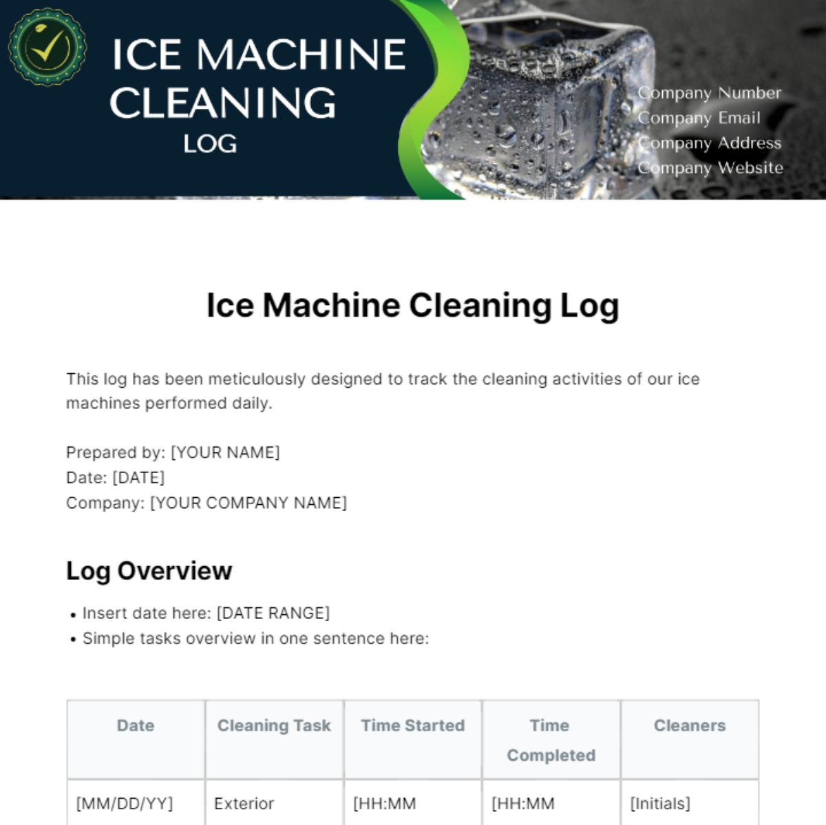 Ice Machine Cleaning Log Template - Edit Online & Download