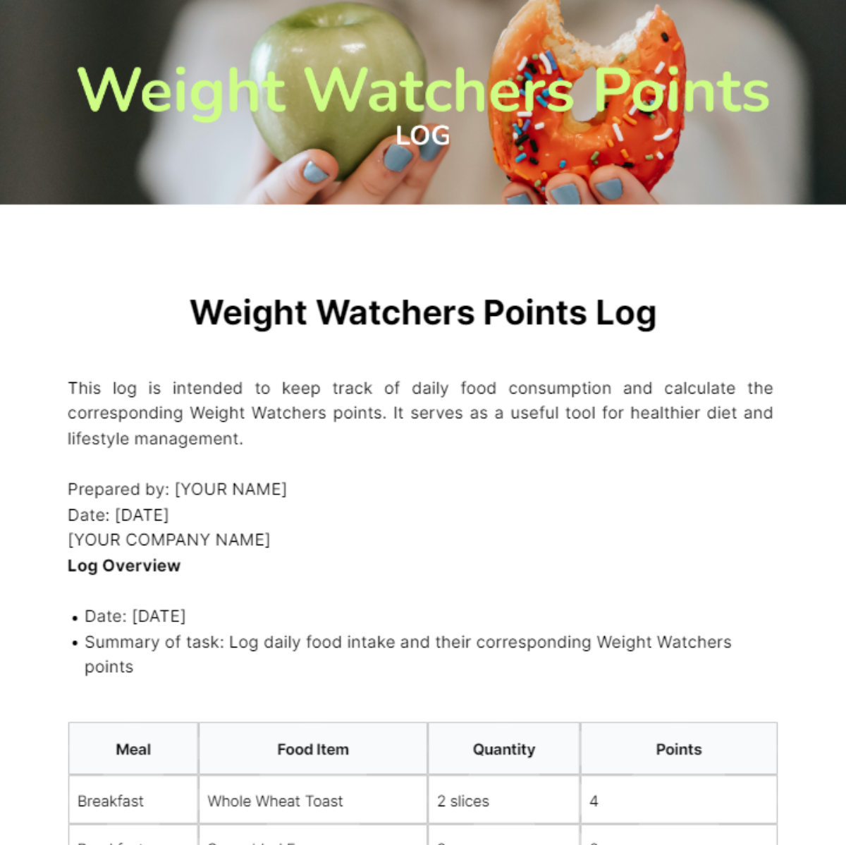Weight Watchers Point Log Template