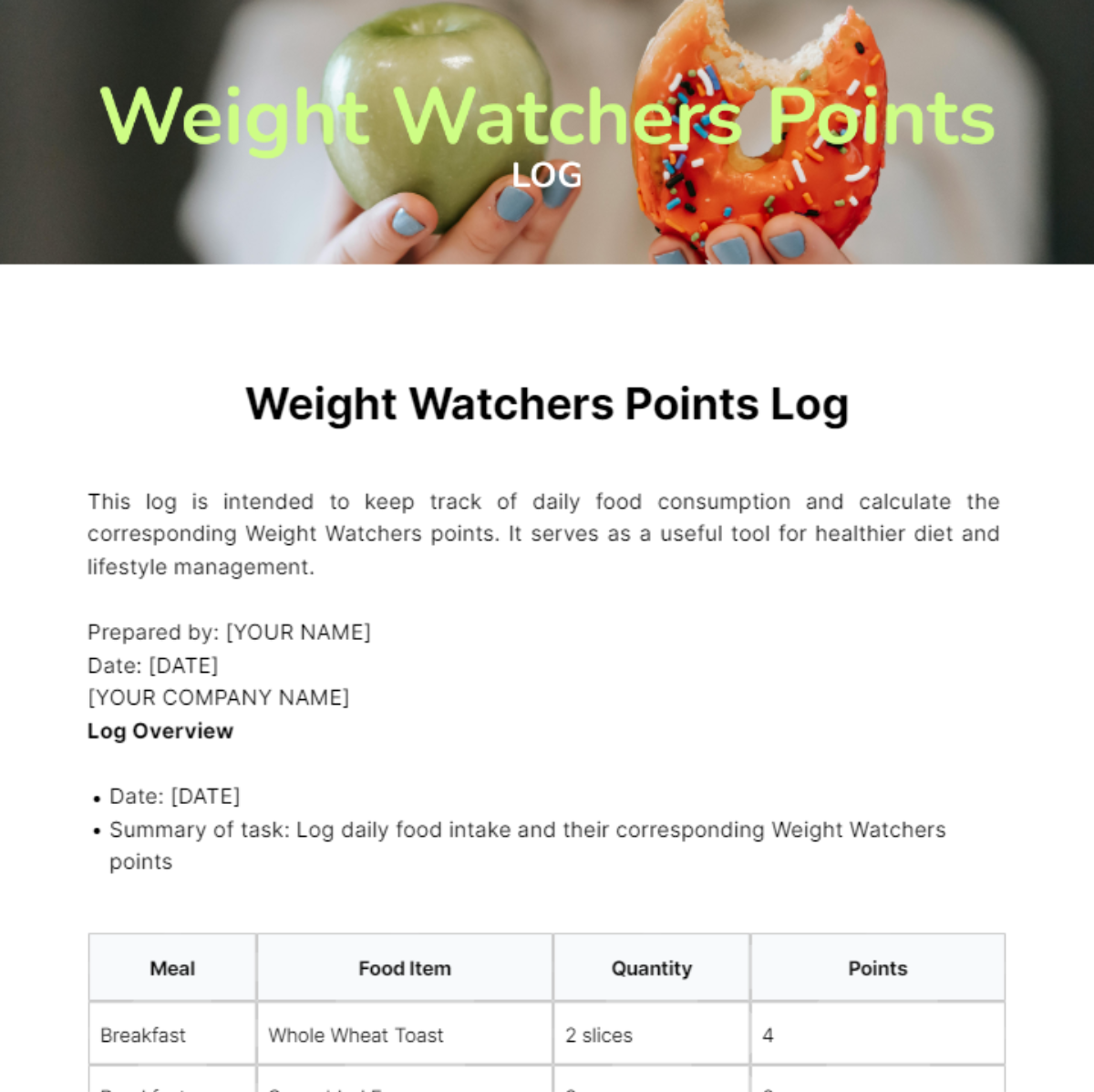 Weight Watchers Point Log Template - Edit Online & Download