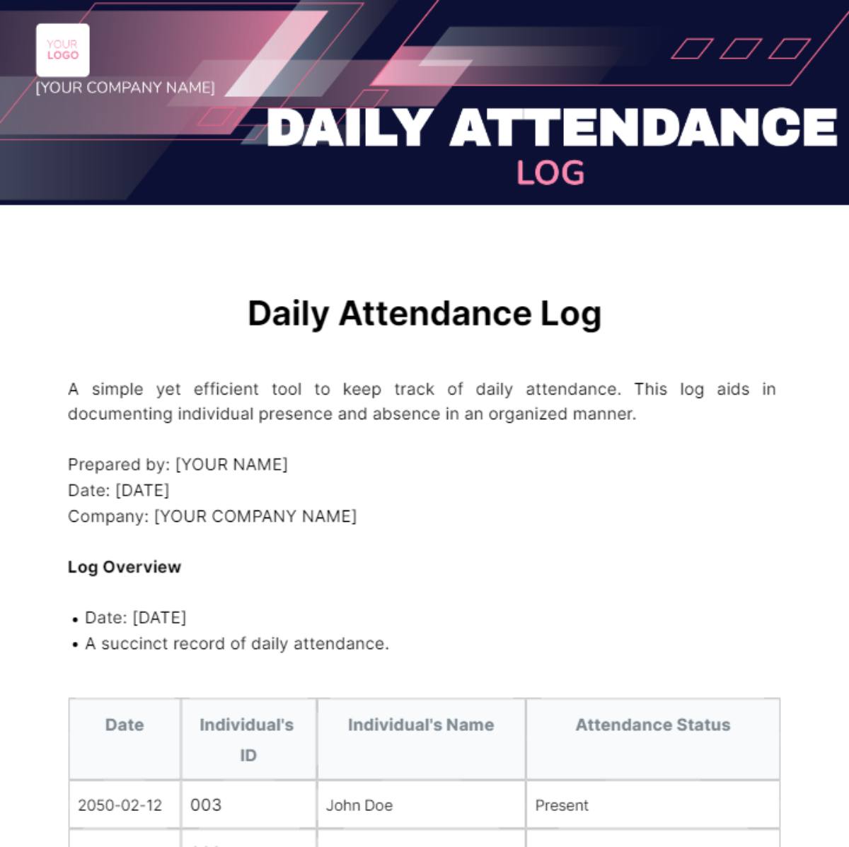 Daily Attendance Log Template - Edit Online & Download