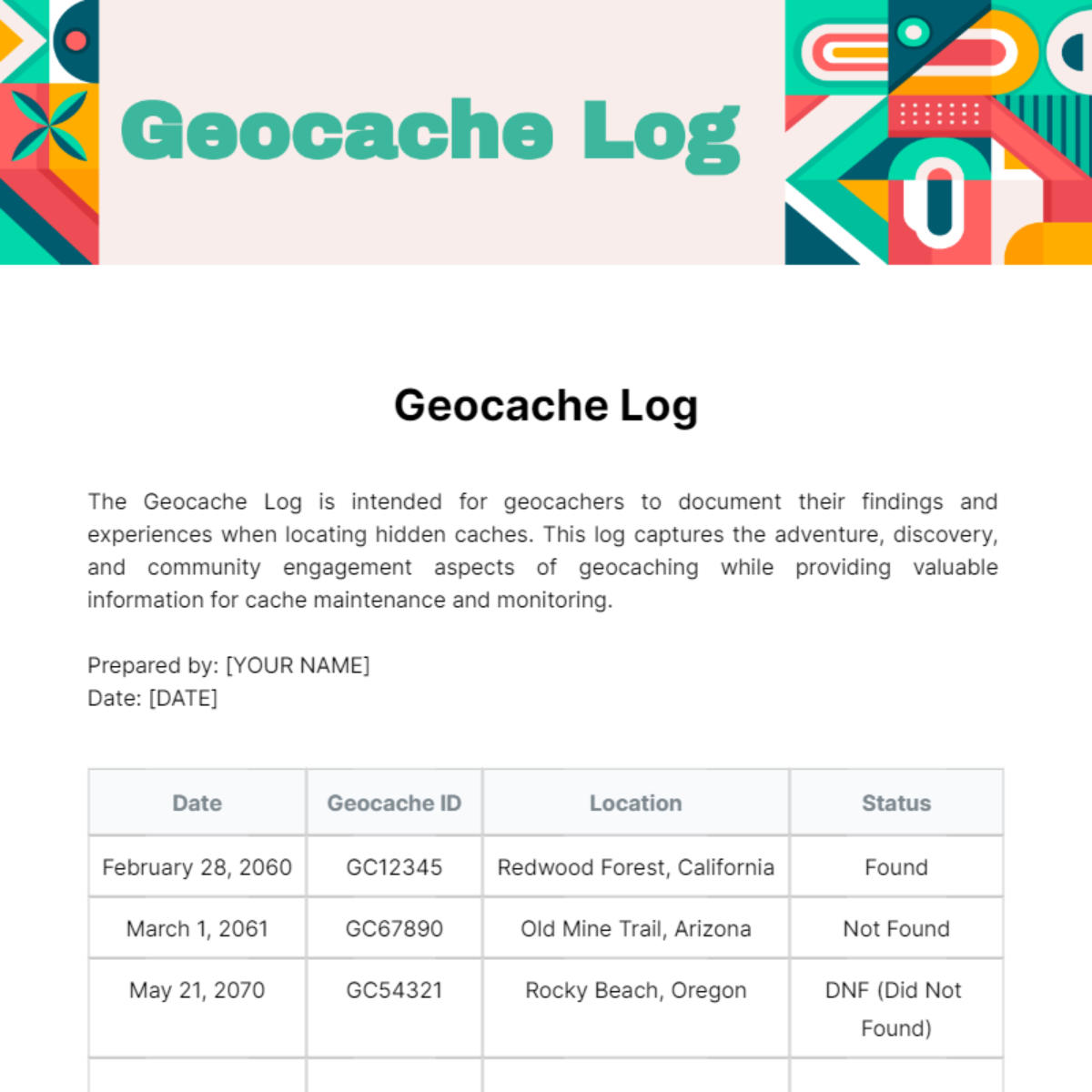 Geocache Log Template
