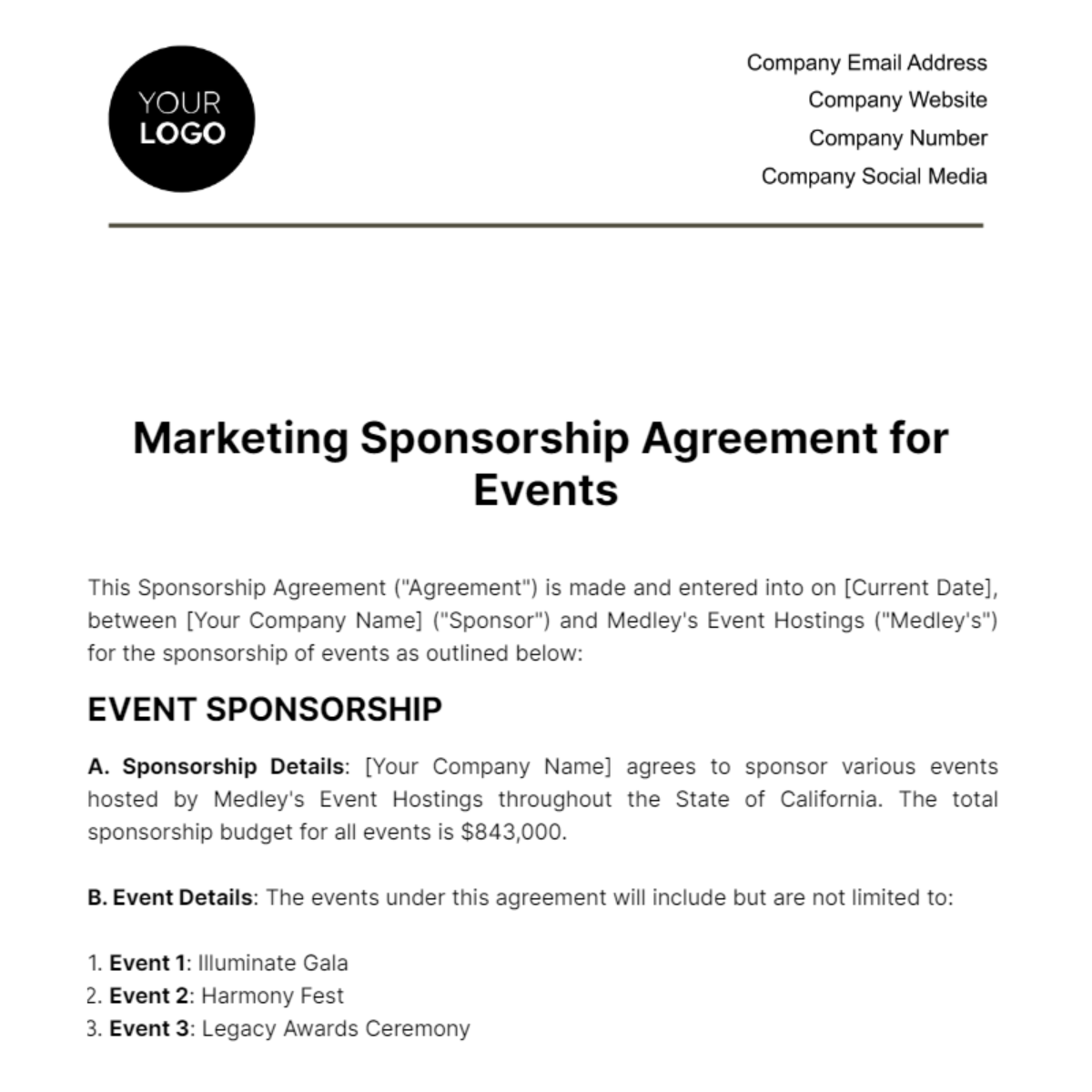 Marketing Sponsorship Agreement for Events Template