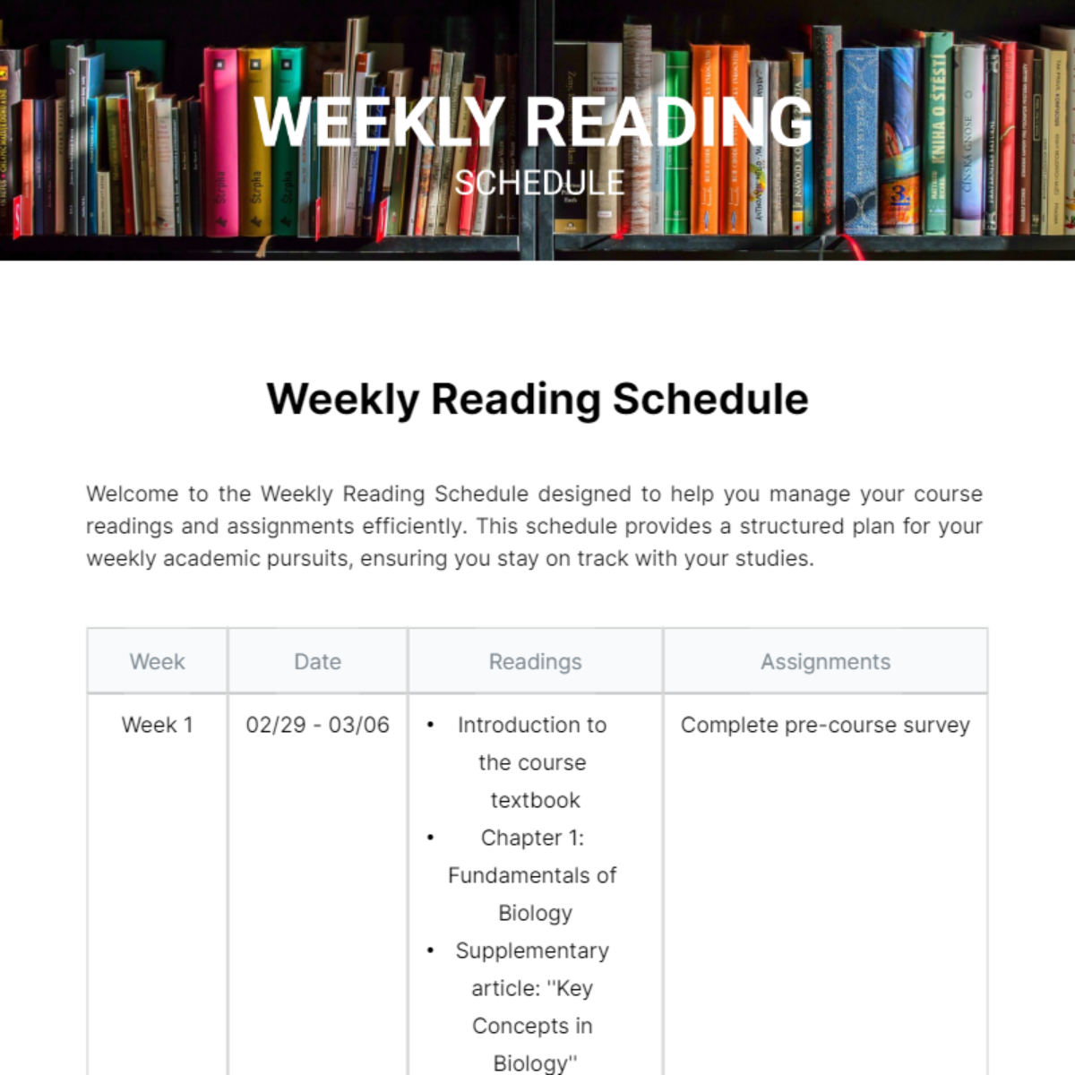 Weekly Reading Schedule Template