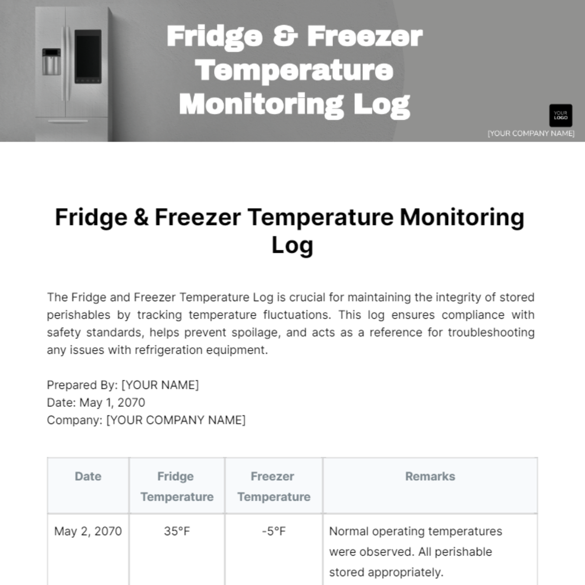 Fridge and Freezer Temperature Log Template