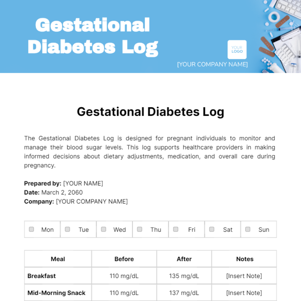 Gestational Diabetes Log Template