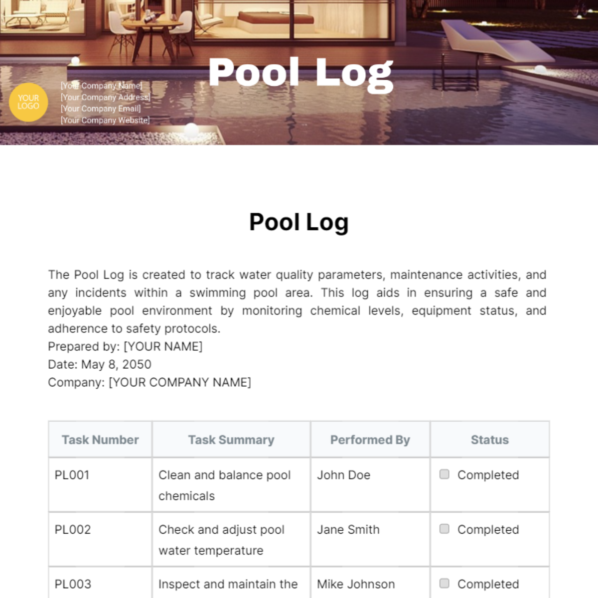 Pool Log Template