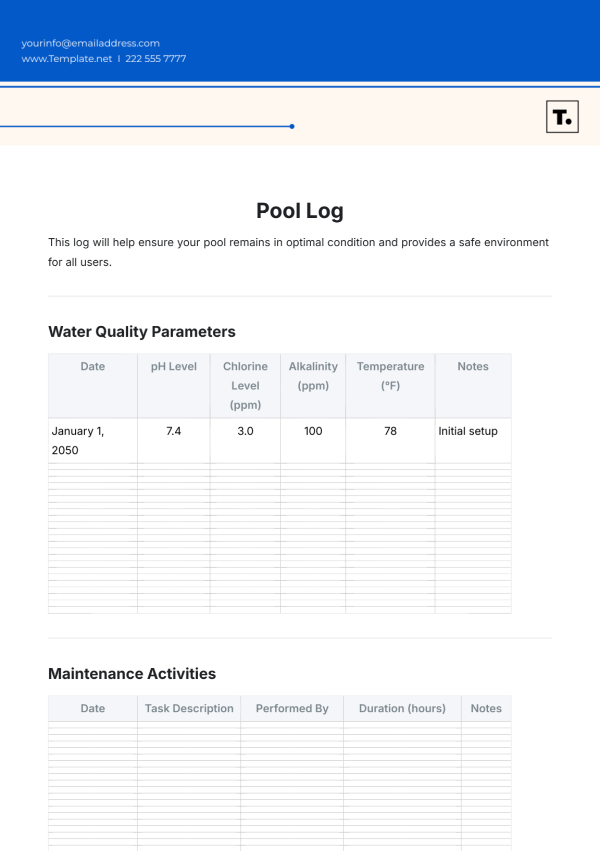 Pool Log Template - Edit Online & Download