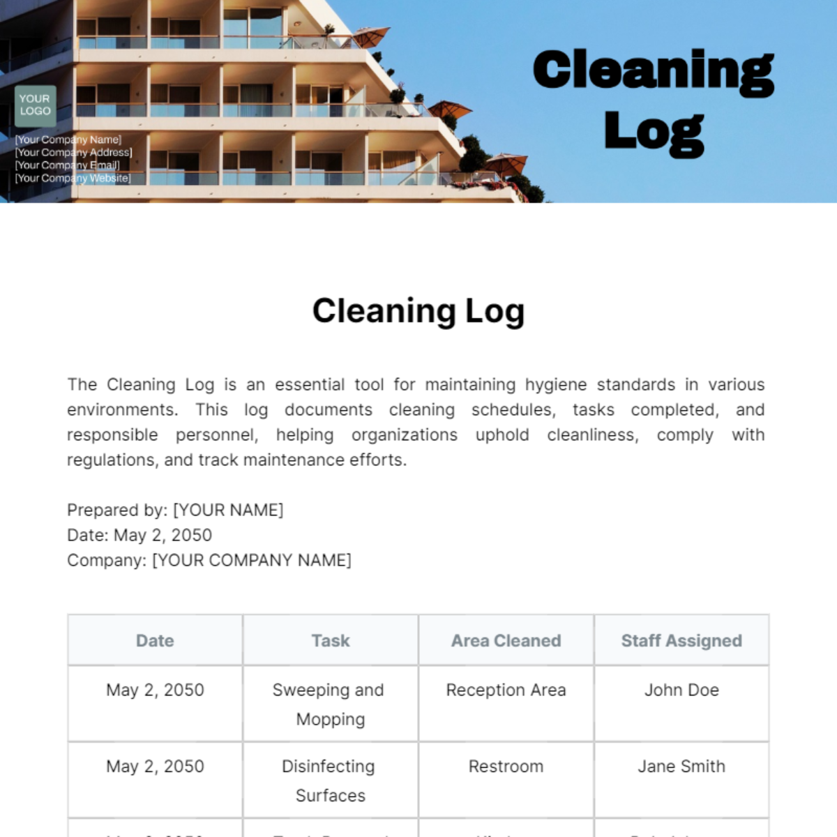 Cleaning Log Template
