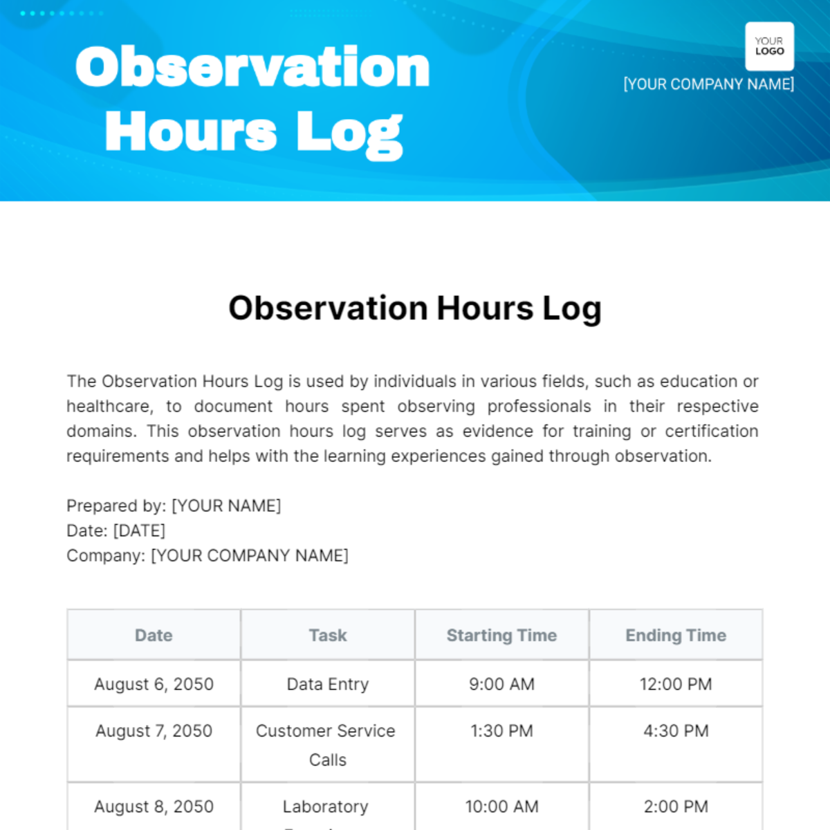 Observation Hours Log Template