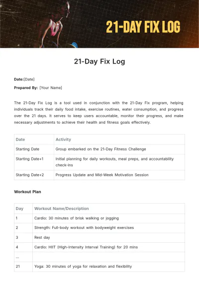 Free 21 Day Fix Log Template to Edit Online