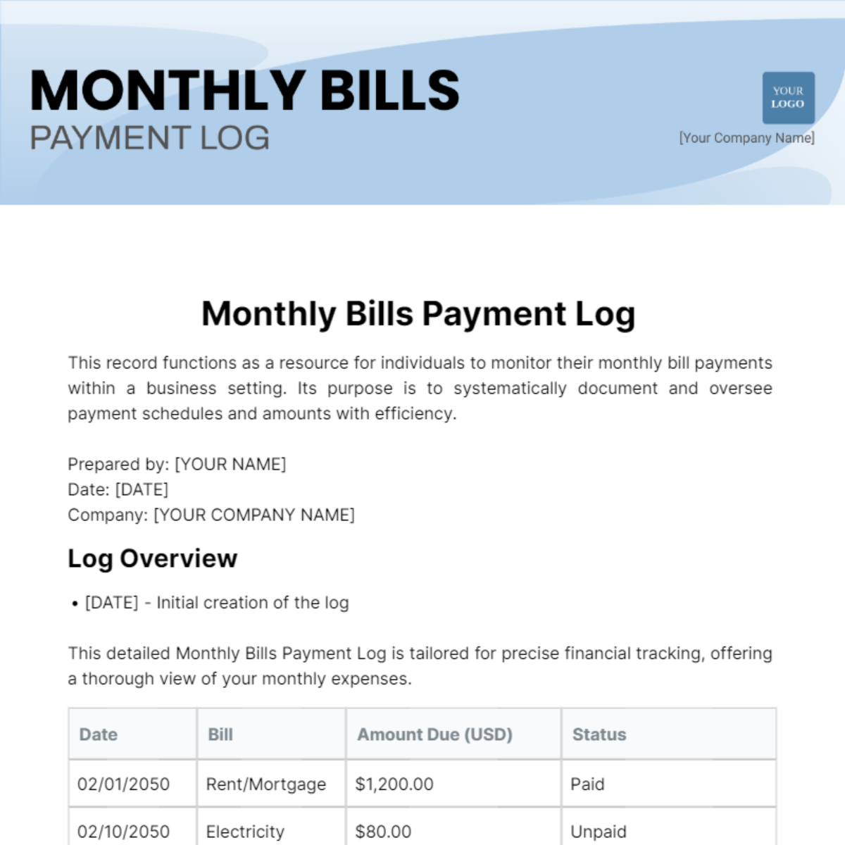 Monthly Bills Payment Log Template
