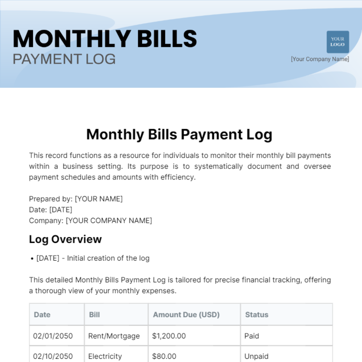 Monthly Bills Payment Log Template - Edit Online & Download