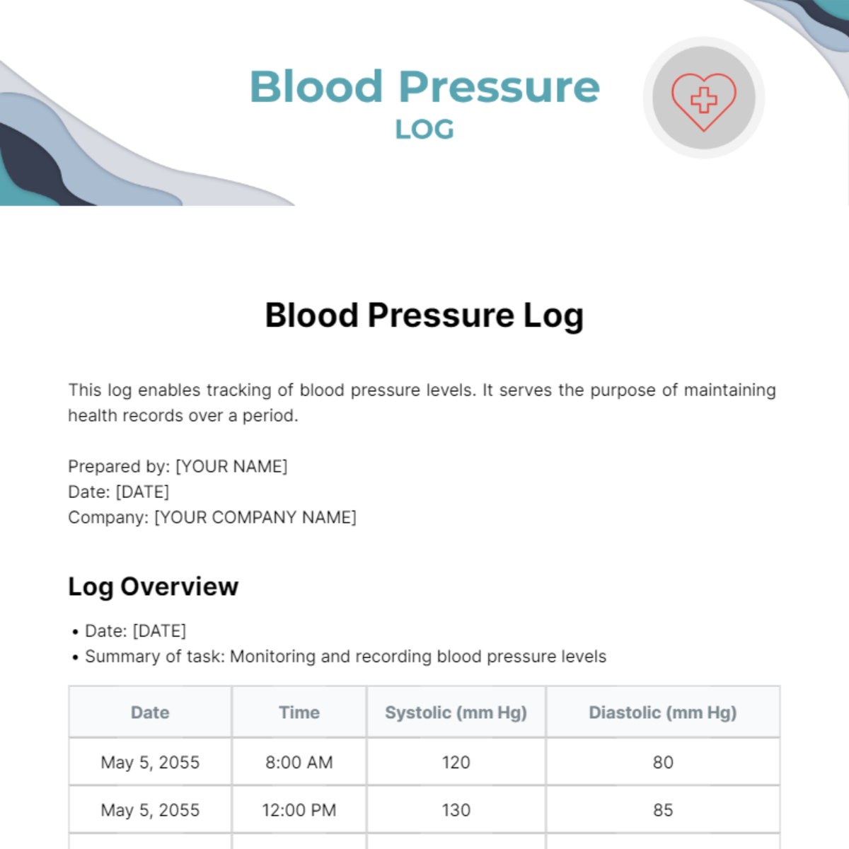 Blood Pressure Log Template